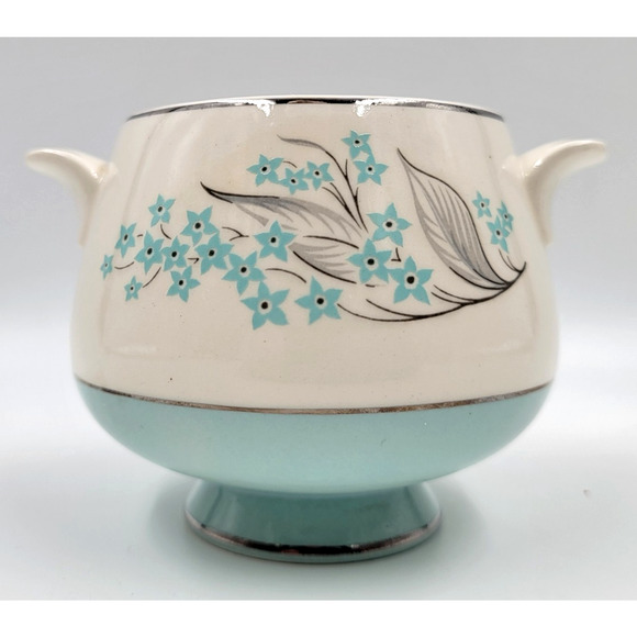 Sevron Powder Blue Lace Footed Sugar Bowl Silver Trim 1950's Coffee Without Lid - Picture 3 of 8